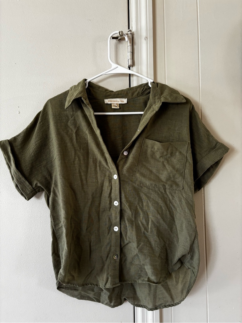 Olive Green Short Sleeve Button-Up Shirt - Casual Woman’s Linen Blend